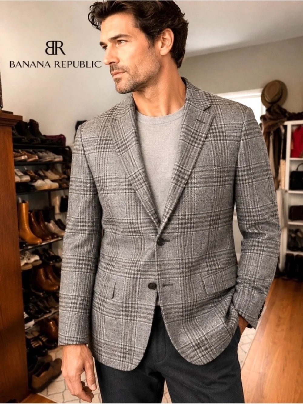 BANANA REPUBLIC Men’s 100% Wool Plaid Blazer | Heritage Gray Check